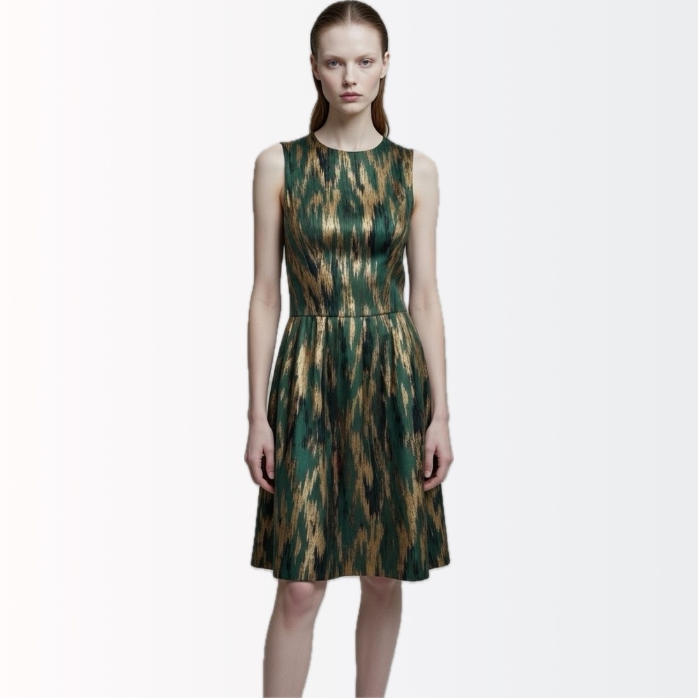 Michael Kors Collection $1895 Runway Emerald Gold Fitted Brocade Party Dress 0-4